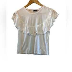 ZARA White Ruffle Short Sleeve Crew Neck Short Top S